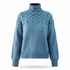 Simone Women's Cable Knit High Turtleneck Jumper in Light Blue, ghost mannequin studio shot