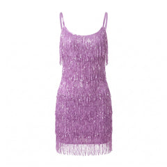 Olive Women's Sequin Fringe V-Neck Mini Dress in Purple, ghost mannequin studio shot