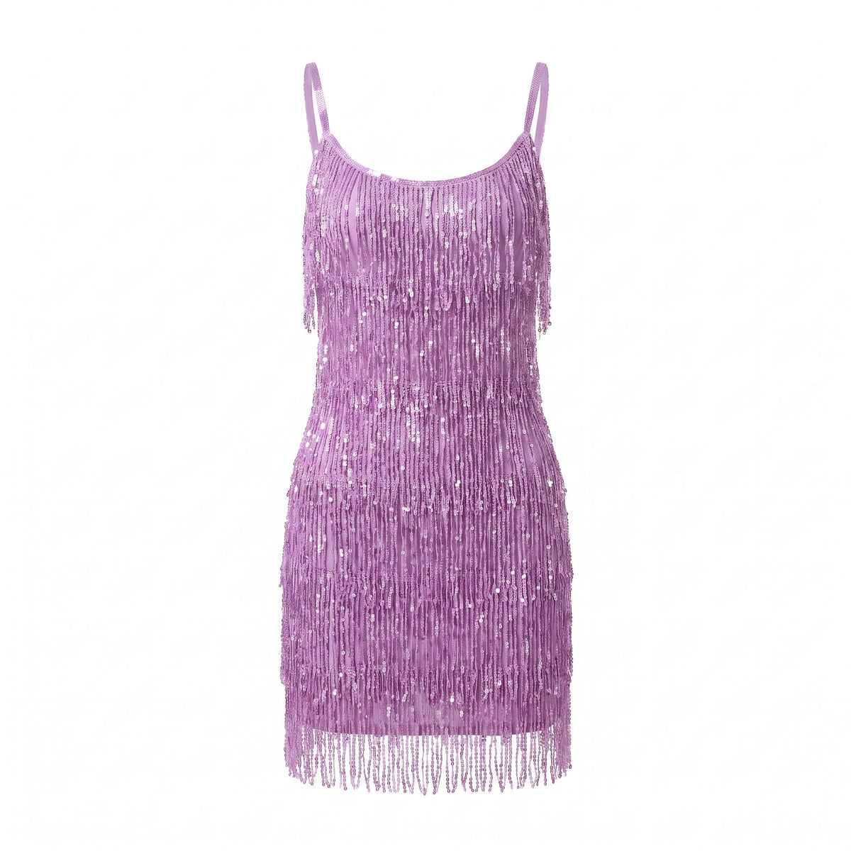 Olive Women's Sequin Fringe V-Neck Mini Dress in Purple, ghost mannequin studio shot