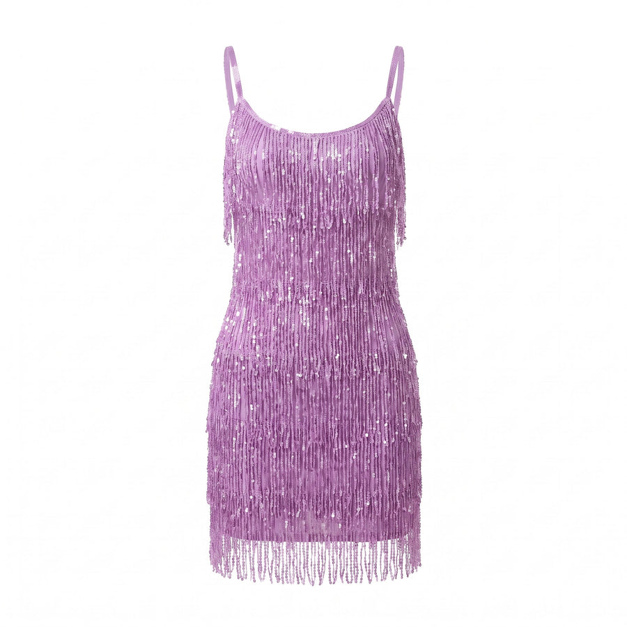 Olive Women's Sequin Fringe V-Neck Mini Dress in Purple, ghost mannequin studio shot