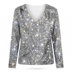 Ophelia Women's Sequin V-Neck Evening Jumper in Silver, ghost mannequin front view