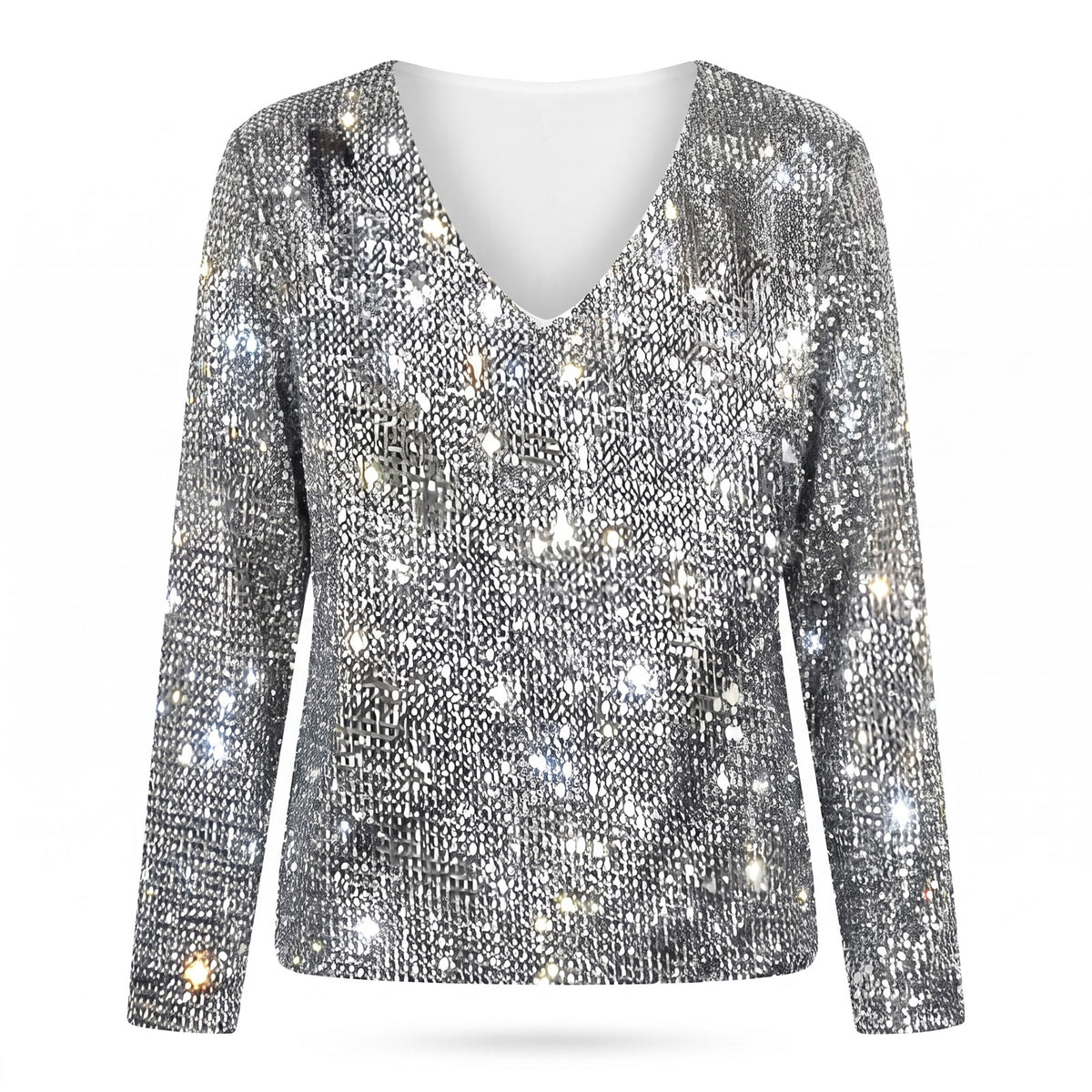 Ophelia Women's Sequin V-Neck Evening Jumper in Silver, ghost mannequin front view