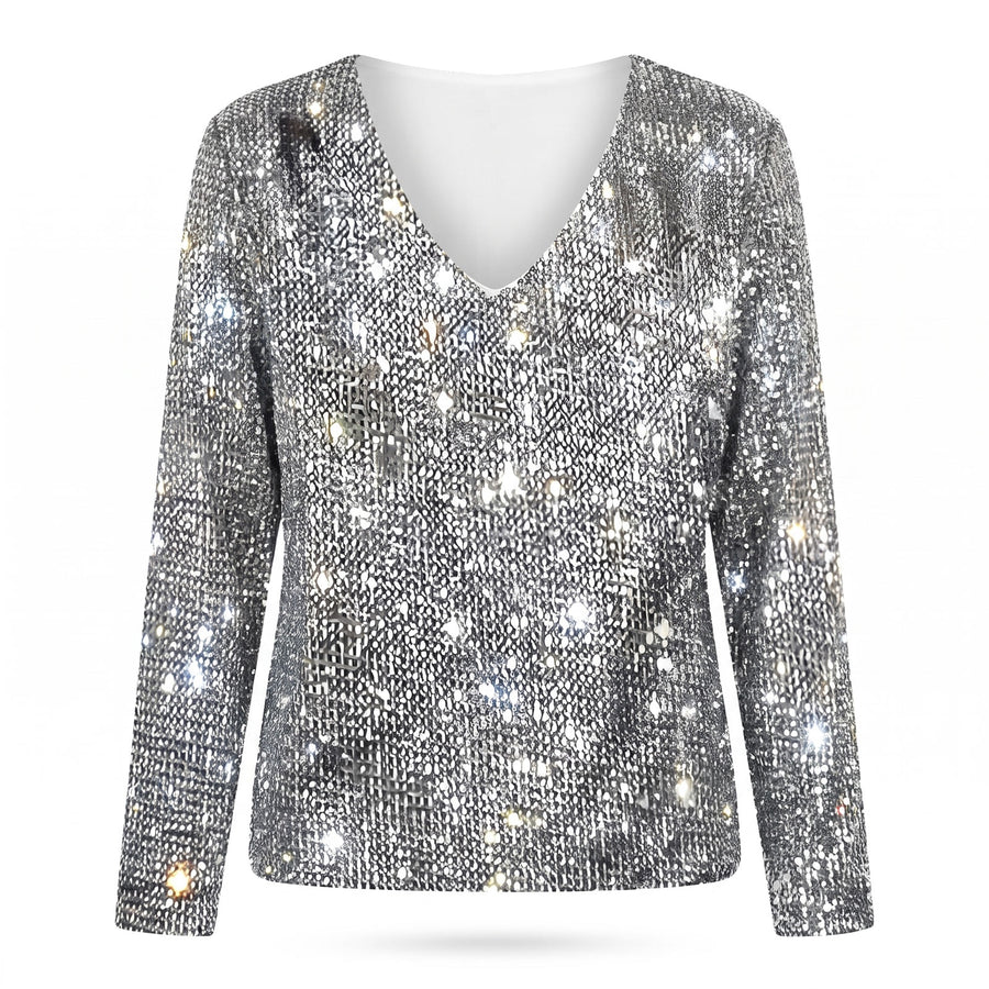 Ophelia Women's Sequin V-Neck Evening Jumper in Silver, ghost mannequin front view