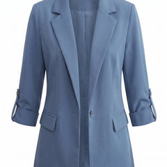 Odette-Olive Women's Tailored Open-Front Blazer in dusty blue, ghost mannequin studio shot