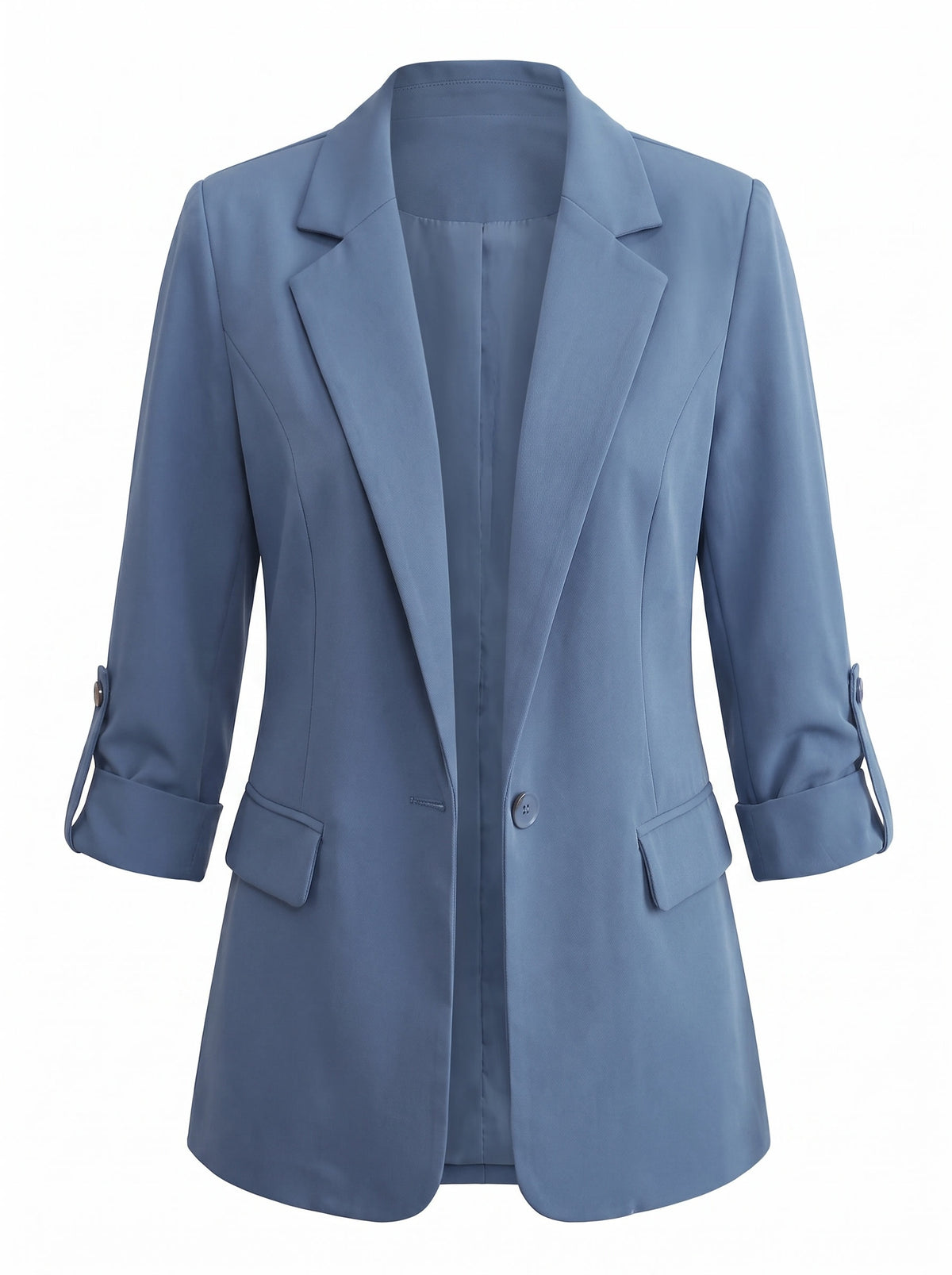 Odette-Olive Women's Tailored Open-Front Blazer in dusty blue, ghost mannequin studio shot