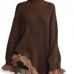 Nadine-Lottie Women's Turtleneck Ribbed-Knit Oversized Mini Dress with Lace Trim in Brown