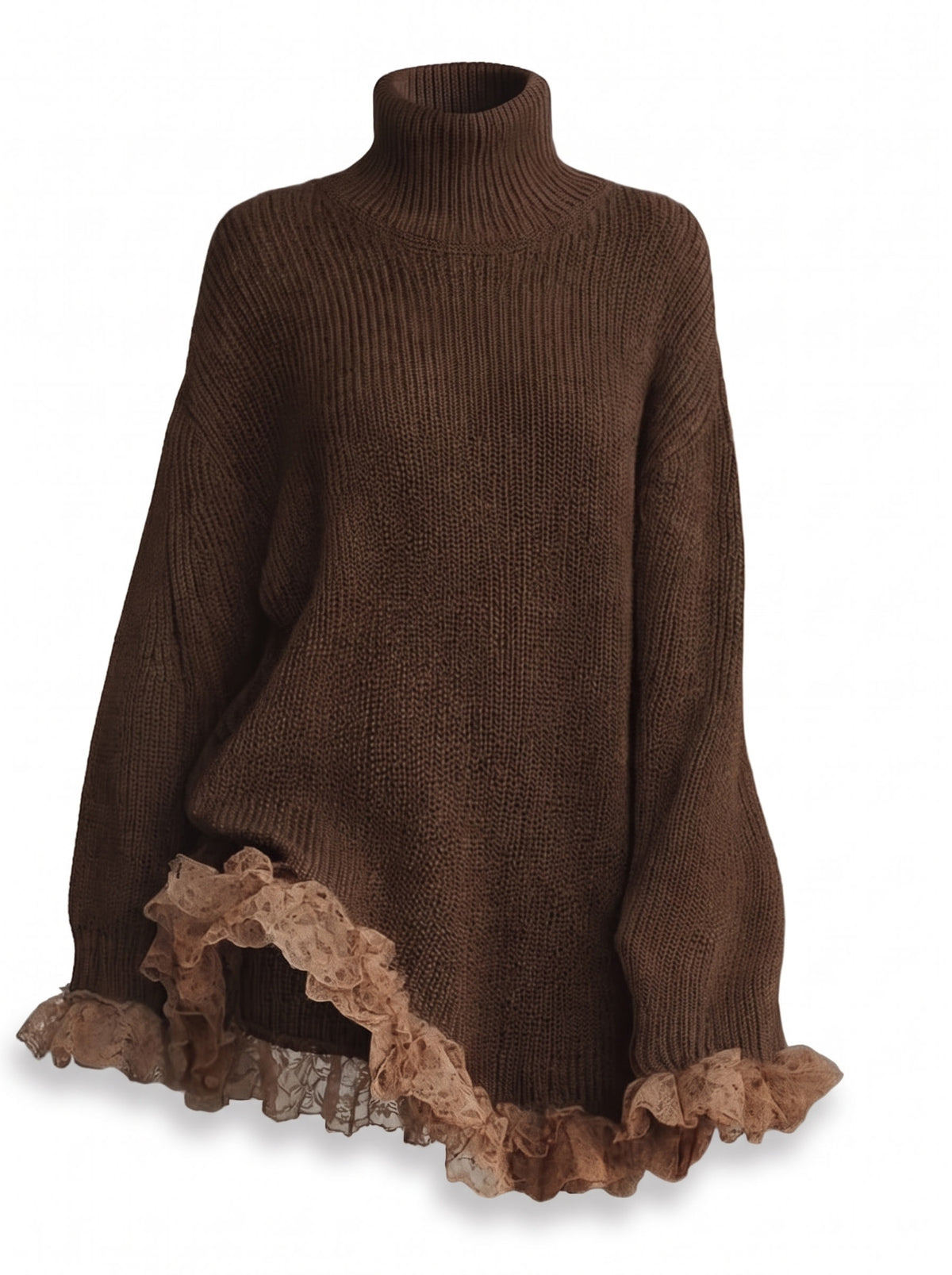 Nadine-Lottie Women's Turtleneck Ribbed-Knit Oversized Mini Dress with Lace Trim in Brown