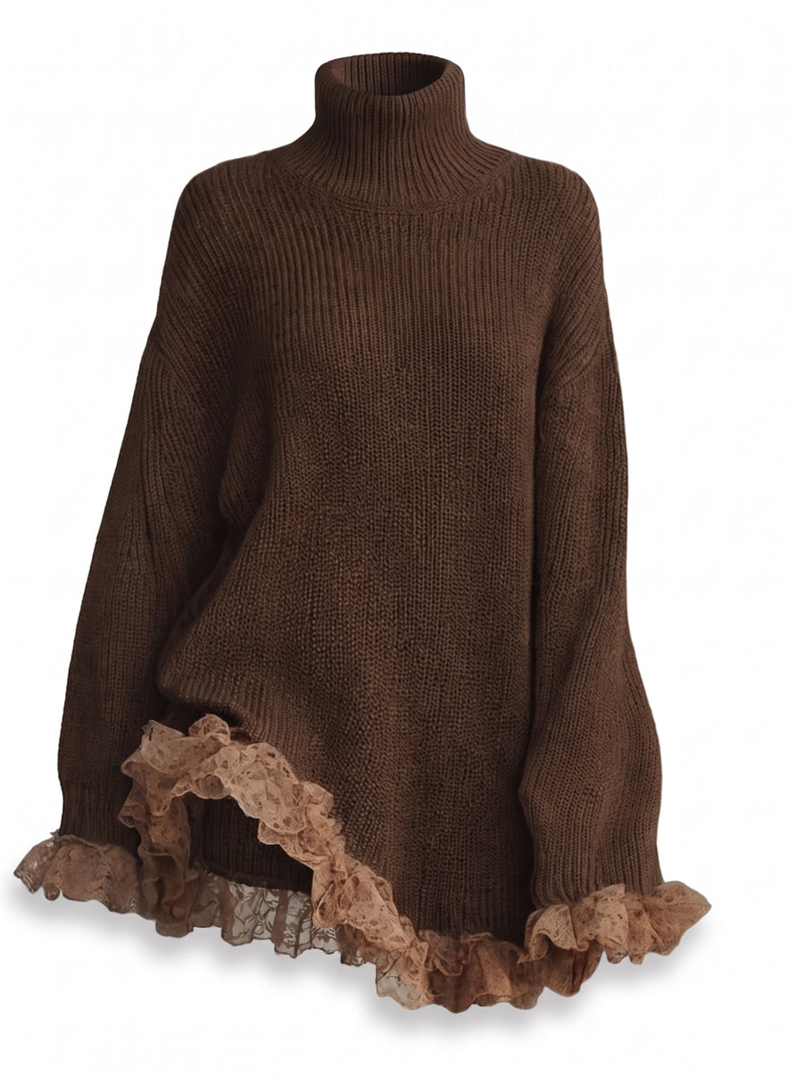 Nadine-Lottie Women's Turtleneck Ribbed-Knit Oversized Mini Dress with Lace Trim in Brown