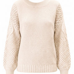 Lavinia-Helena Women's Cable Knit Crew Neck Sweater in Beige, ghost mannequin studio shot