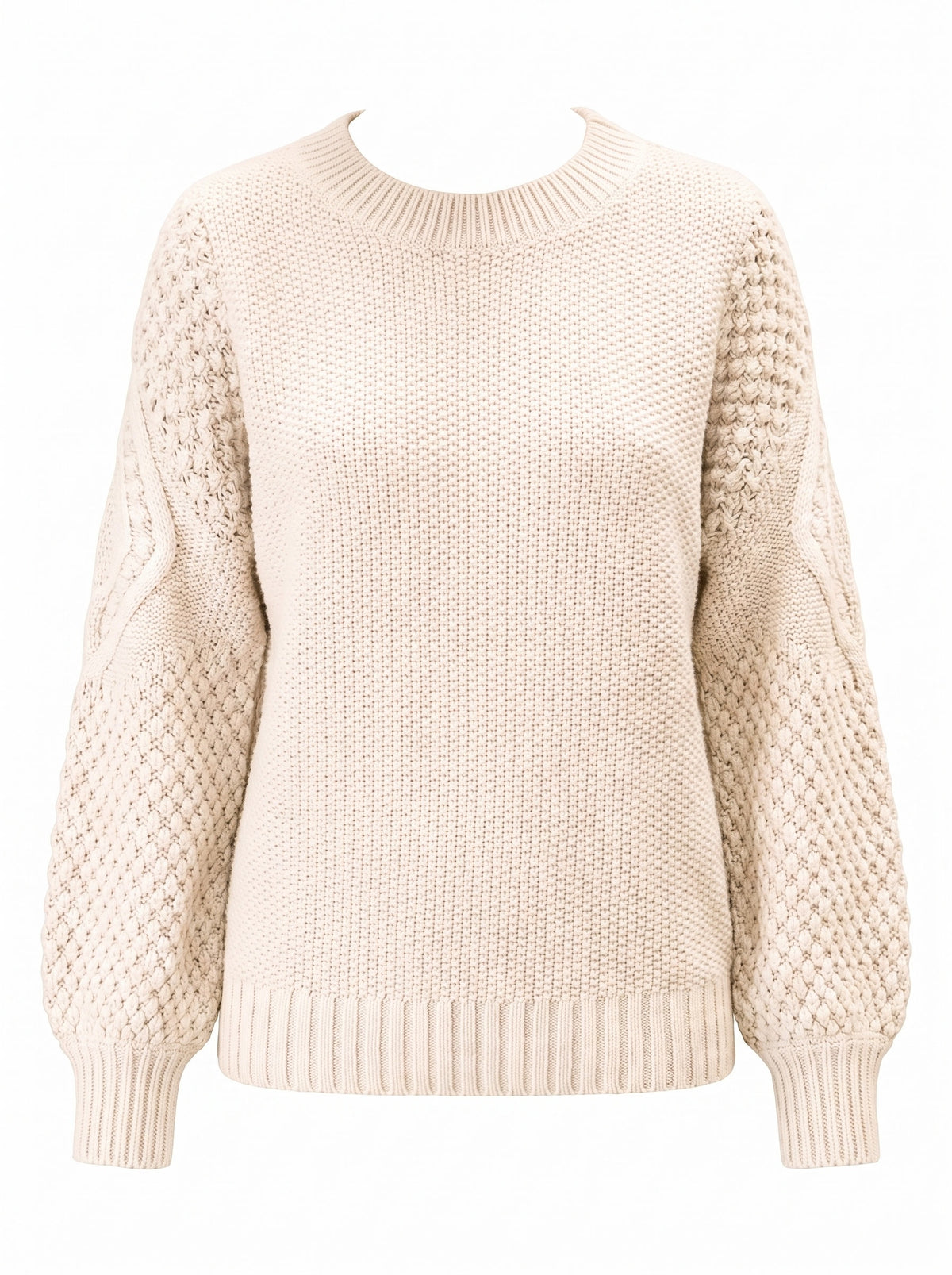 Lavinia-Helena Women's Cable Knit Crew Neck Sweater in Beige, ghost mannequin studio shot