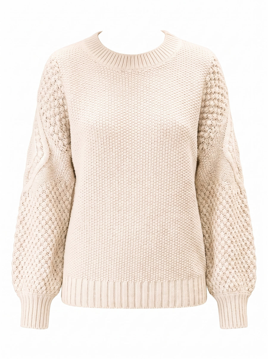 Lavinia-Helena Women's Cable Knit Crew Neck Sweater in Beige, ghost mannequin studio shot