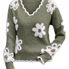 June-Esther Women's Floral Intarsia V-Neck Jumper in Green