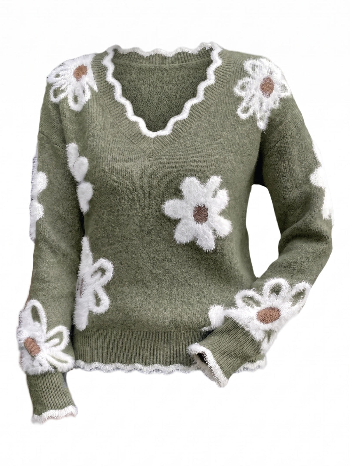 June-Esther Women's Floral Intarsia V-Neck Jumper in Green