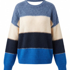 Lillian-Katharine women's striped crew-neck pullover sweater in blue, ghost mannequin studio shot