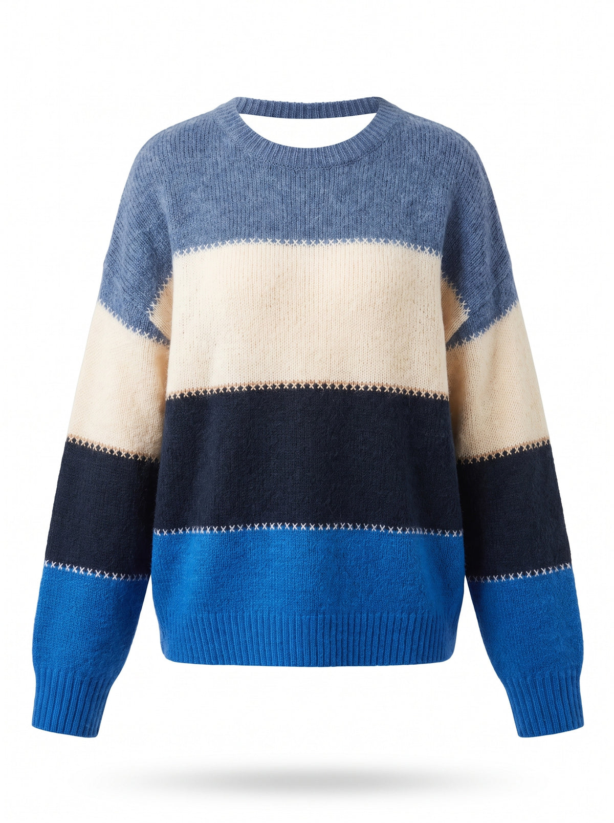 Lillian-Katharine women's striped crew-neck pullover sweater in blue, ghost mannequin studio shot