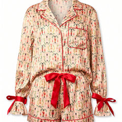 Harriet Women's Christmas Print Lace-Up Cuff Top and Cargo Shorts Set in Beige