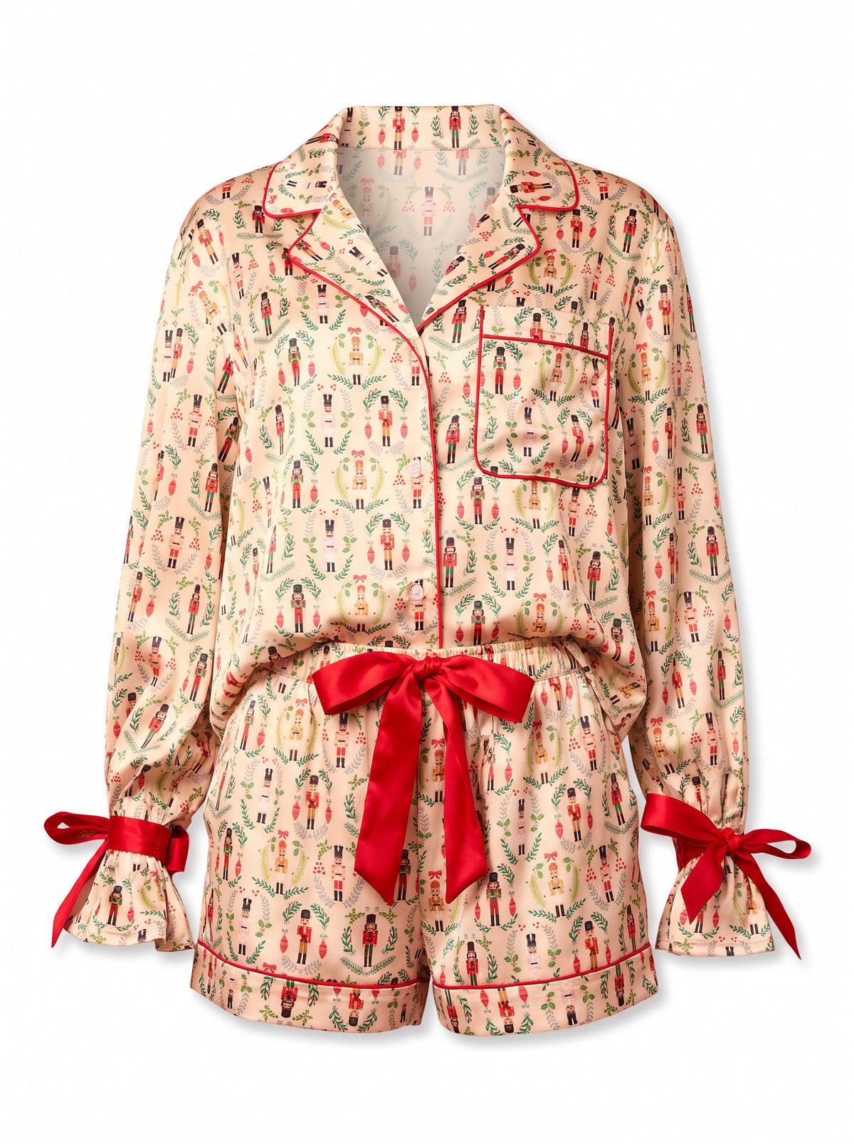Harriet Women's Christmas Print Lace-Up Cuff Top and Cargo Shorts Set in Beige