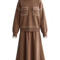 Alma Women's Turtleneck Knit Top & Flared Skirt Matching Set in Brown