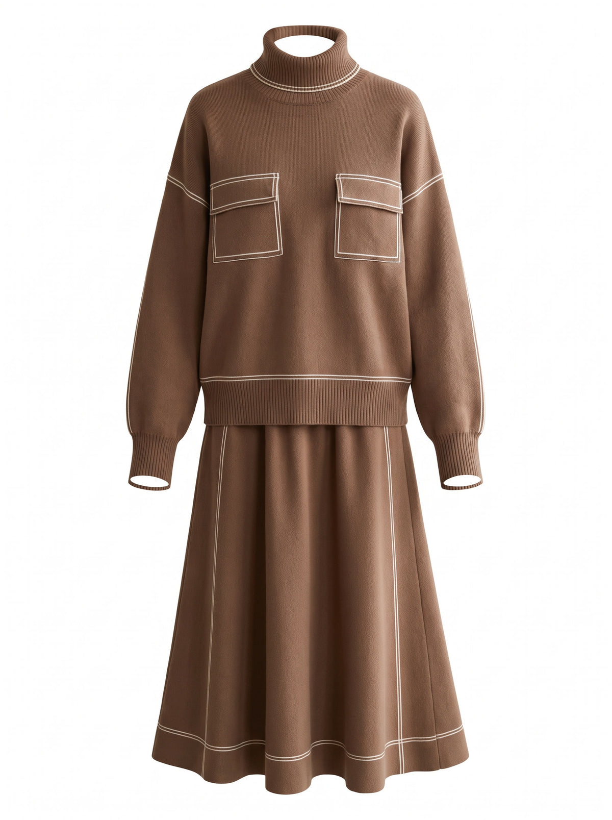 Alma Women's Turtleneck Knit Top & Flared Skirt Matching Set in Brown