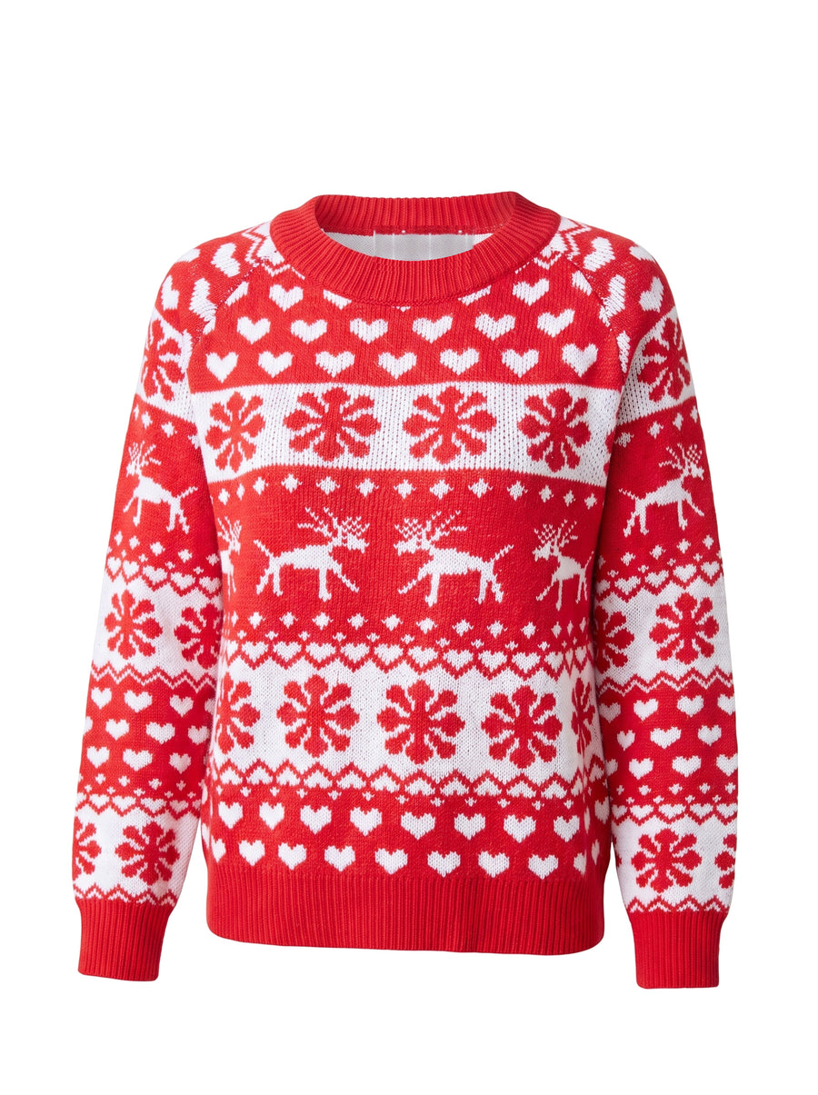 June Women's Festive Fair Isle Relaxed-Fit Knit Sweater in Red and White