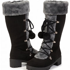 Johanna Women's Fur-Trim Lace-Up Mid-Calf Winter Boots in Black, studio product shot