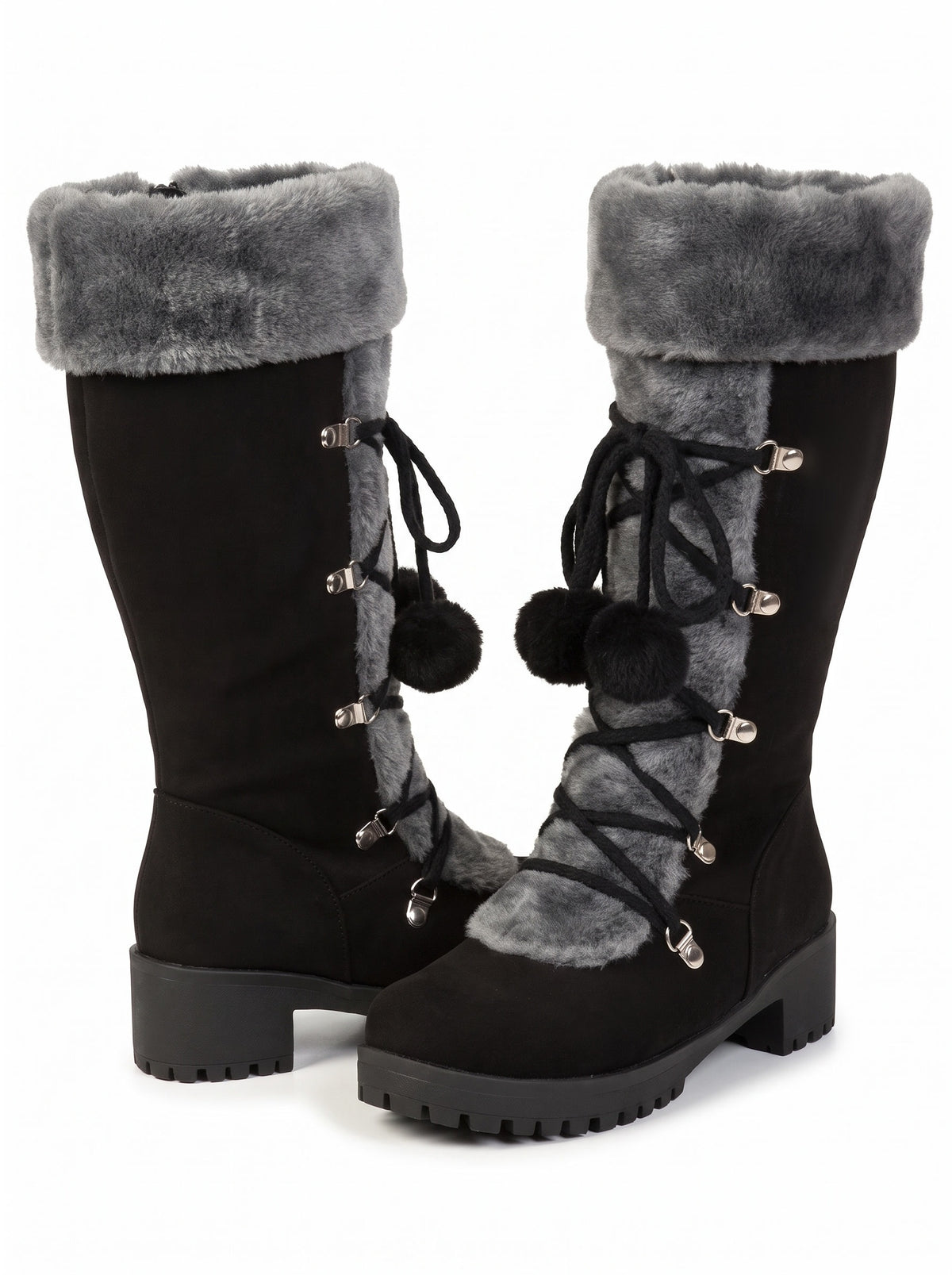 Johanna Women's Fur-Trim Lace-Up Mid-Calf Winter Boots in Black, studio product shot