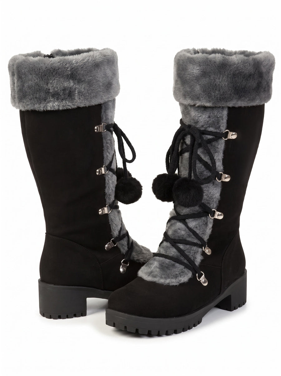 Johanna Women's Fur-Trim Lace-Up Mid-Calf Winter Boots in Black, studio product shot