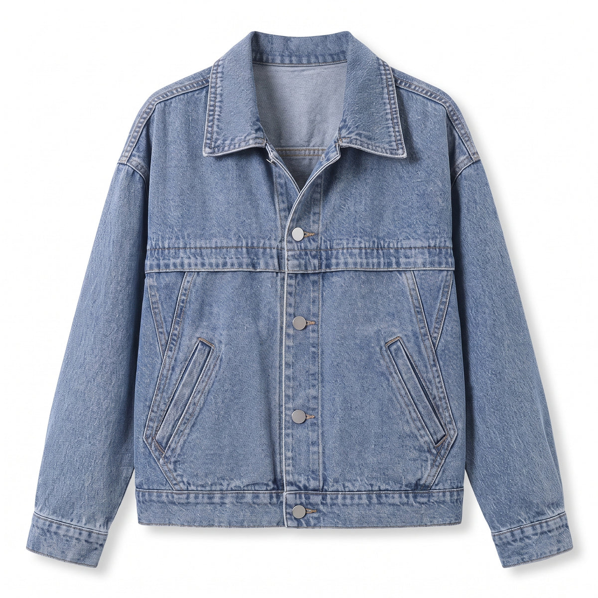 Louisa Women's Relaxed Dropped-Shoulder Denim Trucker Jacket in Denim Blue, front view