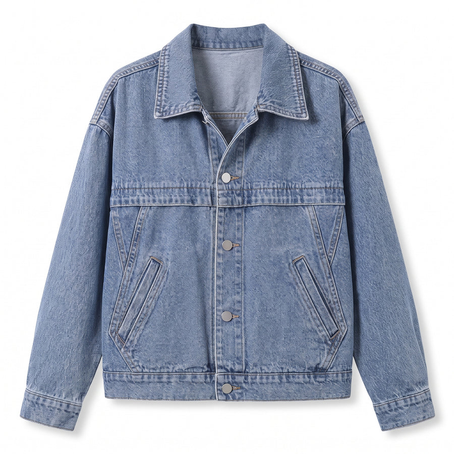 Louisa Women's Relaxed Dropped-Shoulder Denim Trucker Jacket in Denim Blue, front view