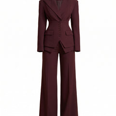 Lydia Women's Tailored Blazer and Wide-Leg Trouser Set in Wine Red