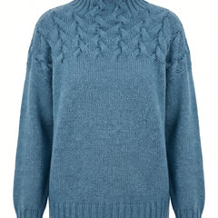 Birgit-Margot Women's Cable Knit High-Neck Sweater with Textured Yoke in light blue, ghost mannequin studio shot