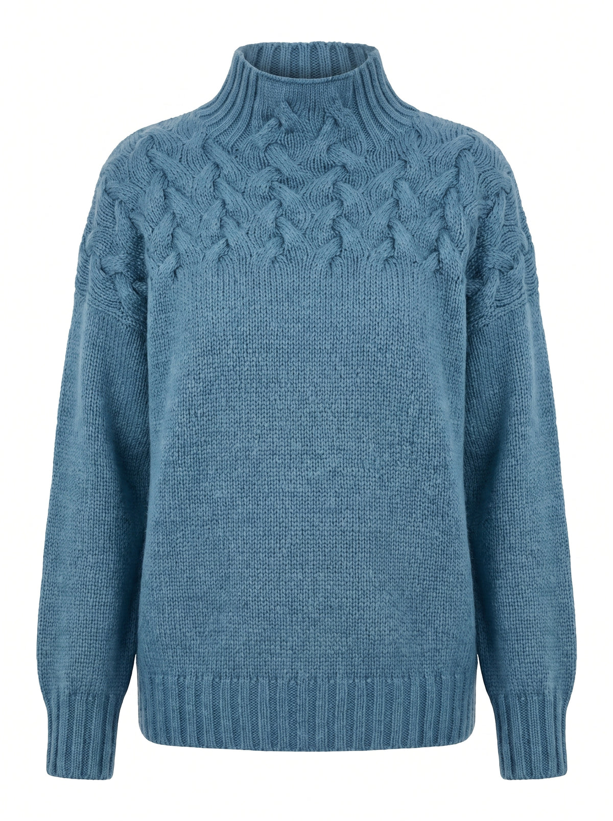 Birgit-Margot Women's Cable Knit High-Neck Sweater with Textured Yoke in light blue, ghost mannequin studio shot