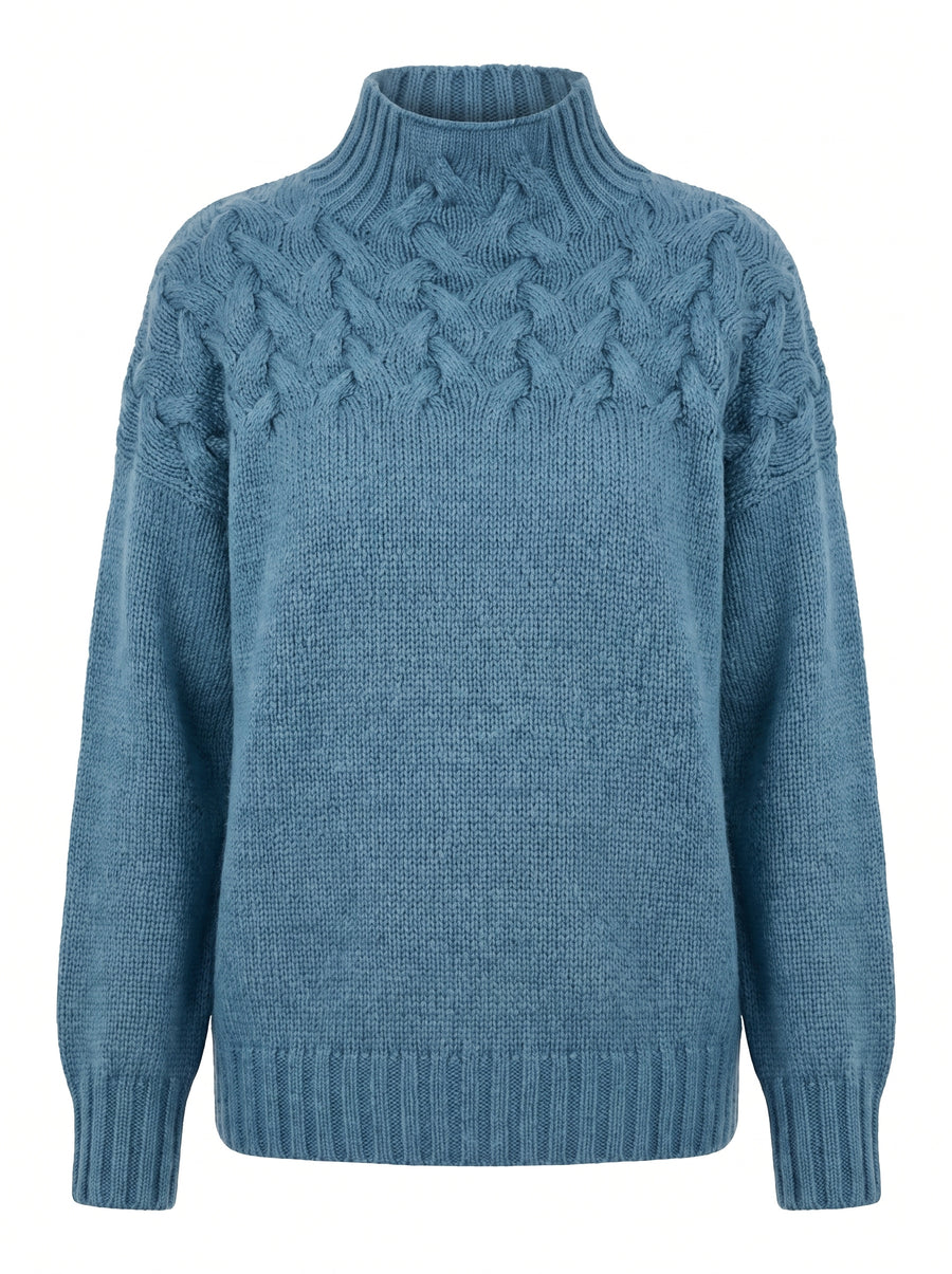 Birgit-Margot Women's Cable Knit High-Neck Sweater with Textured Yoke in light blue, ghost mannequin studio shot