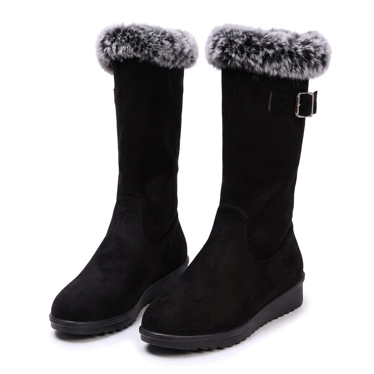 Women's fur-trimmed buckle knee-high boots in black suede