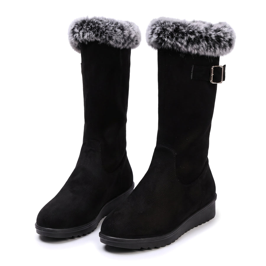 Women's fur-trimmed buckle knee-high boots in black suede