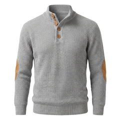 Lillian-Lavinia women's button-neck textured knit sweater in grey, ghost mannequin studio shot
