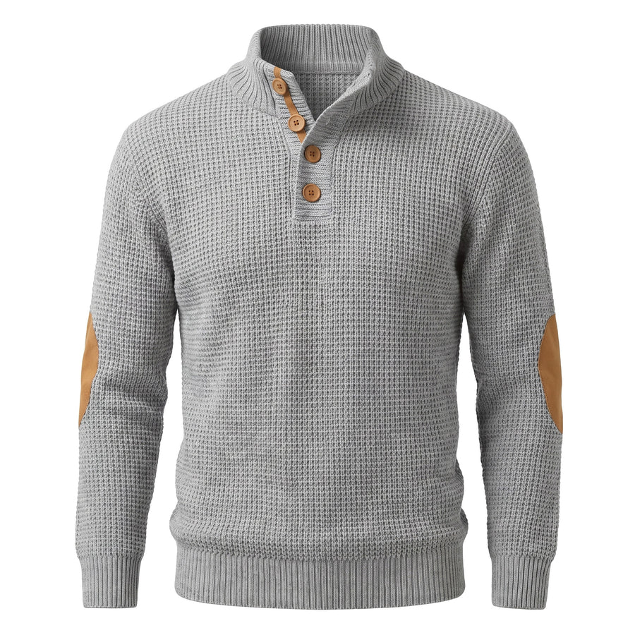 Lillian-Lavinia women's button-neck textured knit sweater in grey, ghost mannequin studio shot