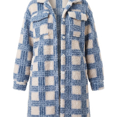 Ivy-Valerie women's oversized checked teddy coat in blue and cream