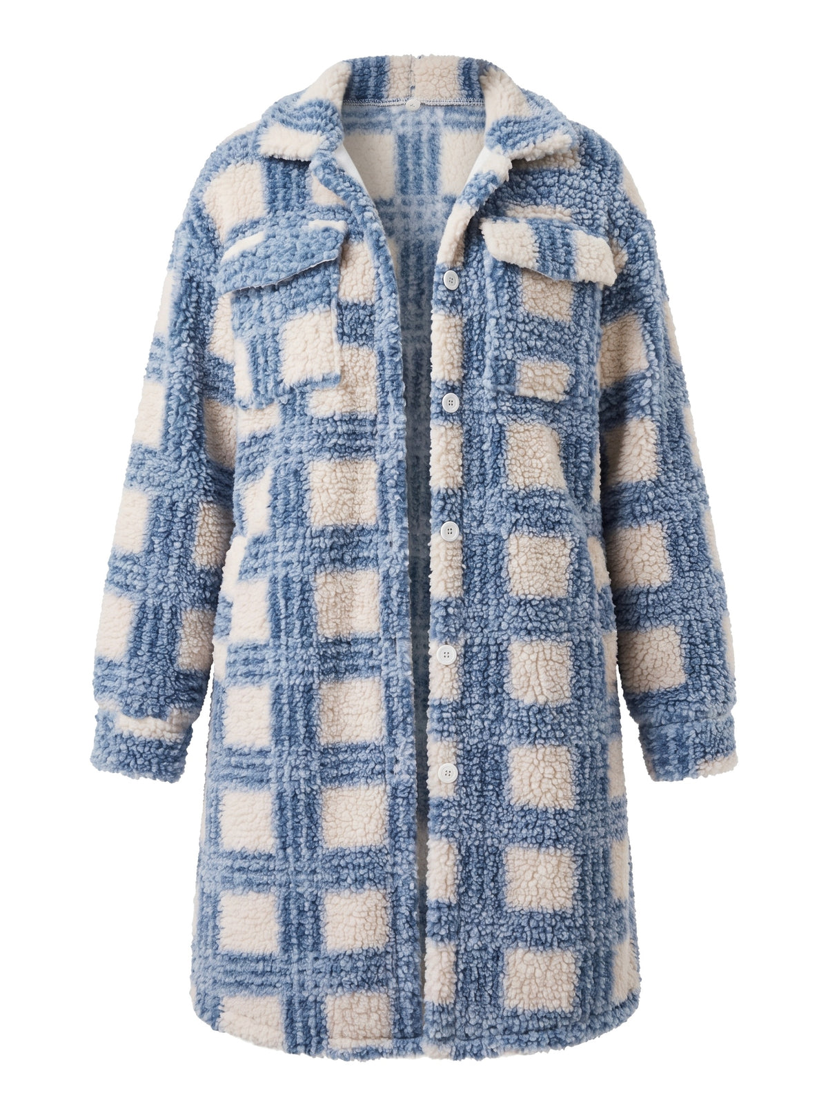 Ivy-Valerie women's oversized checked teddy coat in blue and cream