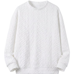 Women's oversized white cable-knit sweatshirt with ribbed hem, studio product shot