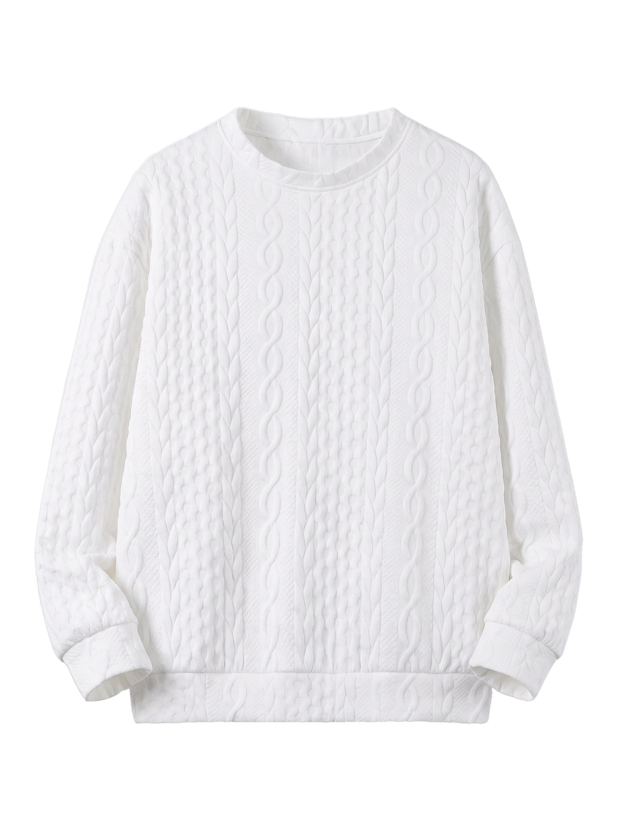 Women's oversized white cable-knit sweatshirt with ribbed hem, studio product shot
