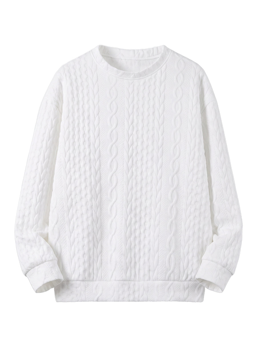 Women's oversized white cable-knit sweatshirt with ribbed hem, studio product shot