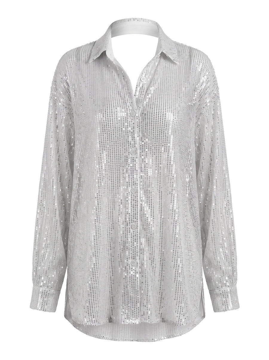 Miriam-Judith | Women's Oversized Sequin Button-Front Shirt Dress