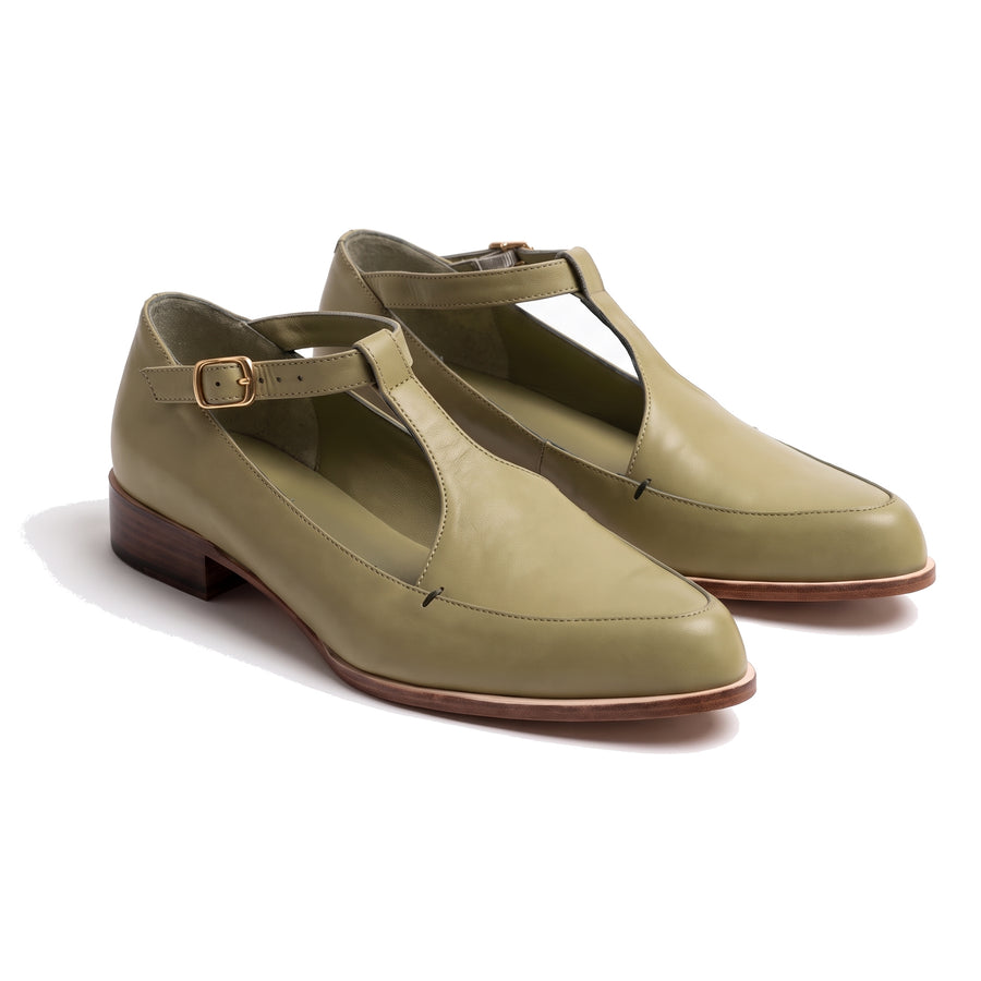 Leonora-Ivy women's sage green pointed-toe T-bar heeled sandals, studio product shot