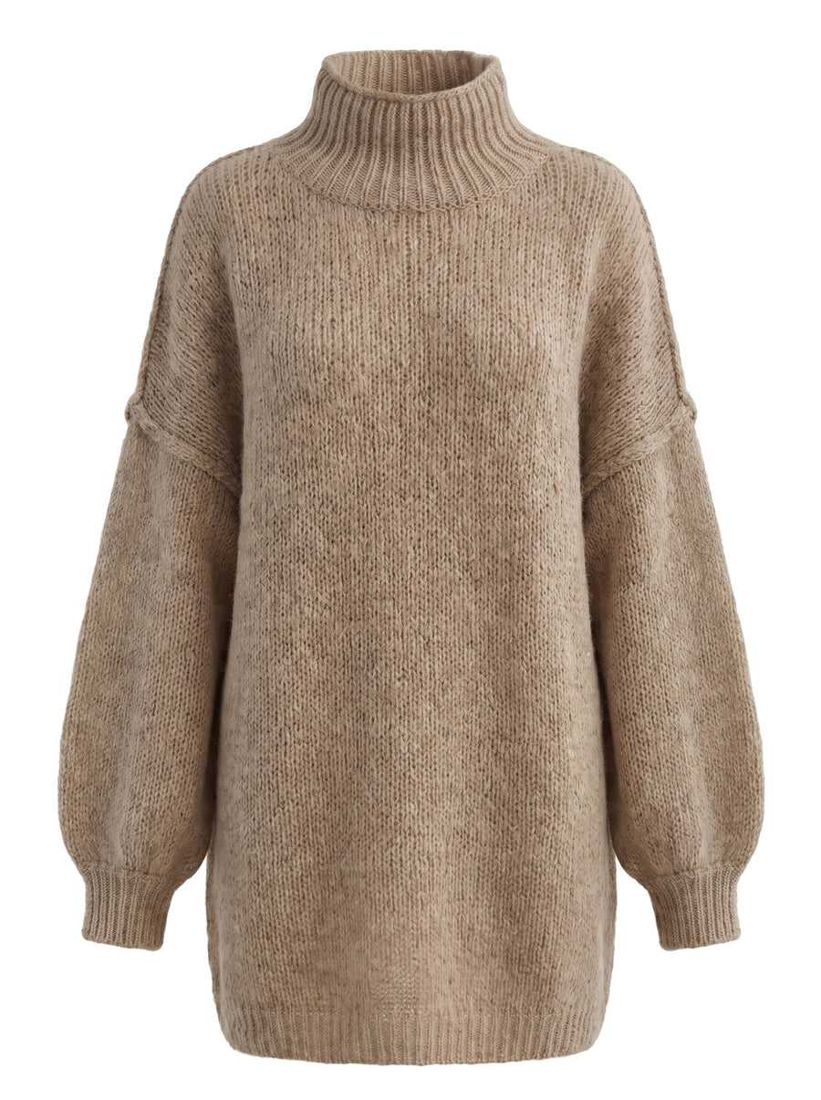 Beige oversized dropped-shoulder ribbed-neck sweater dress