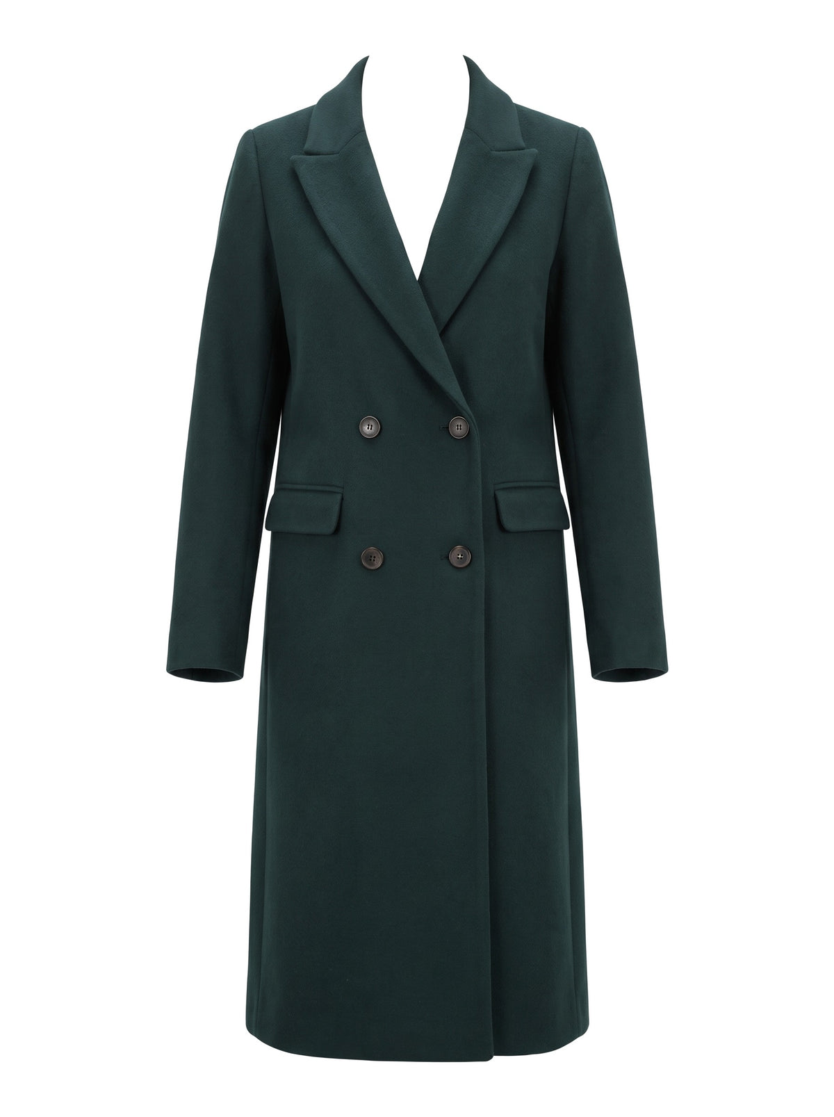 Women's double-breasted notched-lapel long coat in dark green