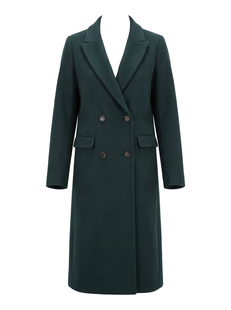 Women's double-breasted notched-lapel long coat in dark green