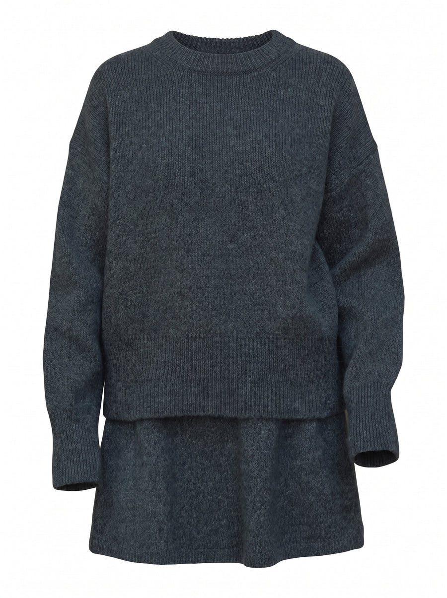 Women's ribbed knit jumper and skirt set in charcoal grey