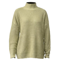Women's ribbed high-neck drop-shoulder sweater in olive green, ghost mannequin studio shot