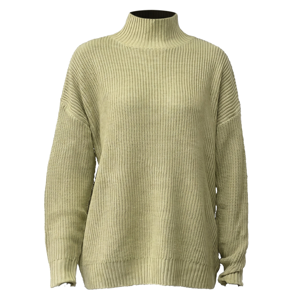 Women's ribbed high-neck drop-shoulder sweater in olive green, ghost mannequin studio shot